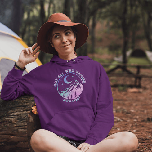 This hoodie features a colorful mountain graphic that will make you feel like you're already on the trail, and the saying "Not All Who Wander Are Lost"